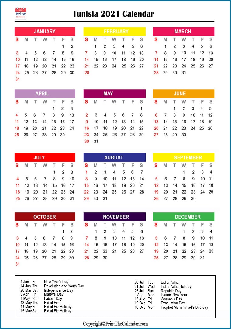 Tunisia Printable Calendar 2021